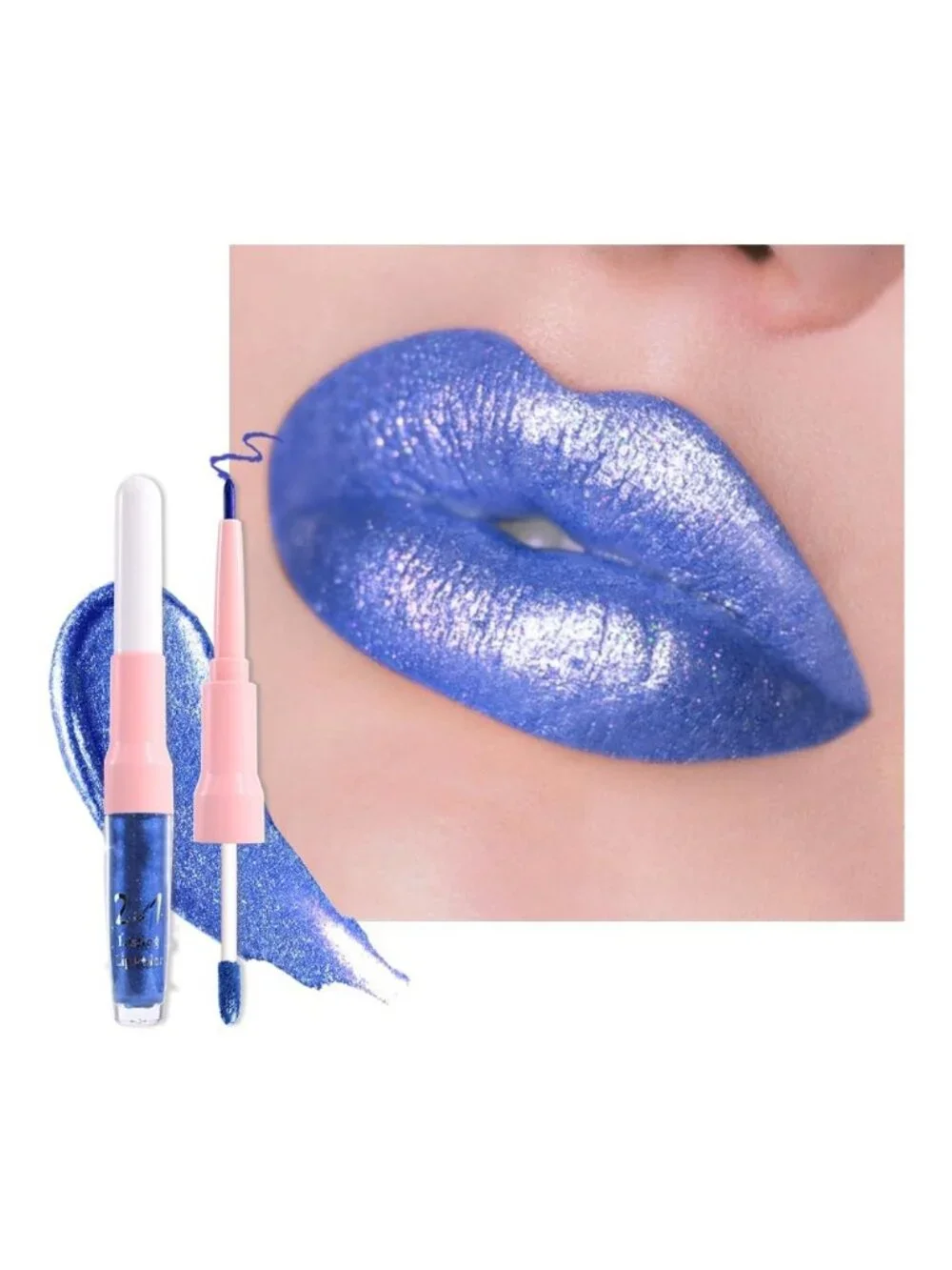 Women's 24# Blue-Glitter 2-in-1 Metallic Long Lasting Lipstick And Lip Liner
